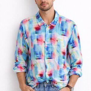 Raffi Multicolor 100% Linen long sleeve button down shirt Size XXL